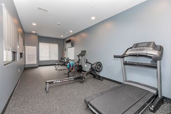 A home gym with a treadmill, rowing machine, and weights.